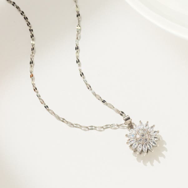 HilalHaven Sunflower Glow Rotatable Zircon Titanium Steel Necklace - Silver - image 3