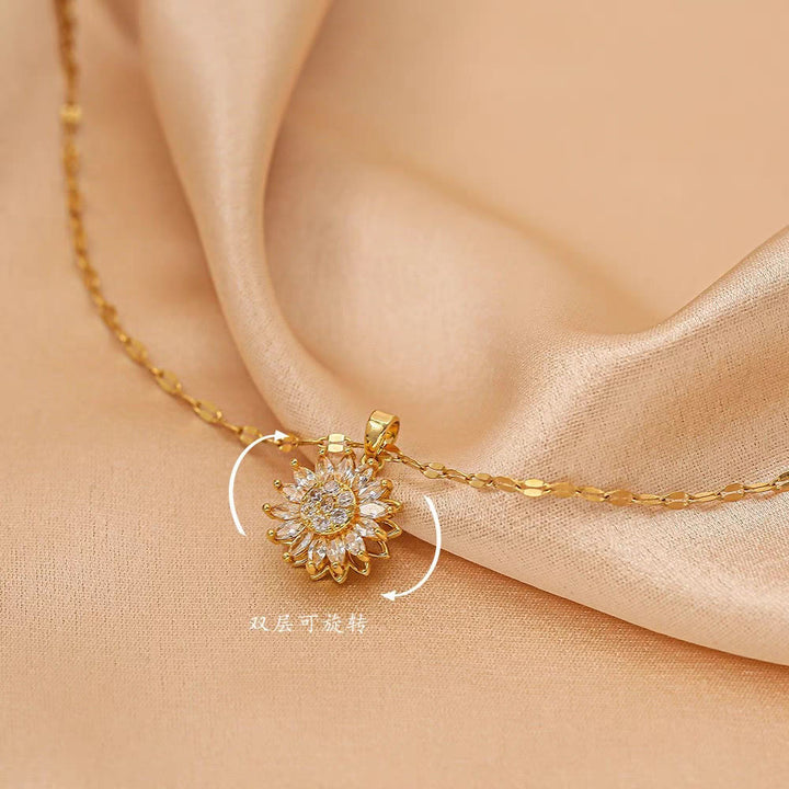 HilalHaven Sunflower Glow Rotatable Zircon Titanium Steel Necklace - image 5