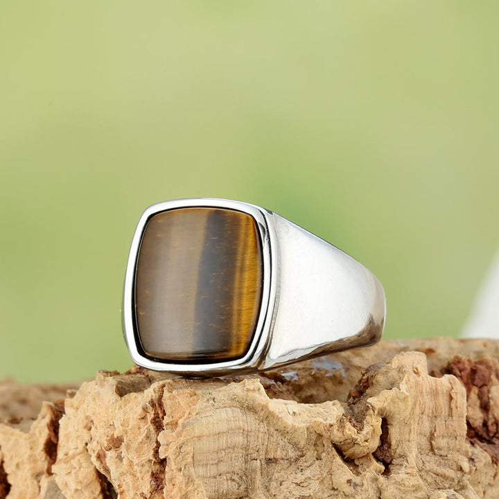 HilalHaven Square Stone Signet Ring, Tiger Eye &amp; Onyx Stainless Steel Unisex Ring - Silver Tiger&