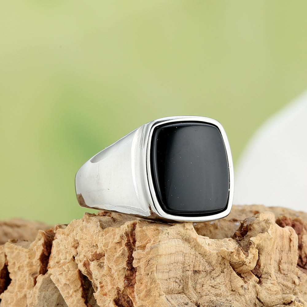 HilalHaven Square Stone Signet Ring, Tiger Eye &amp; Onyx Stainless Steel Unisex Ring - Silver Onyx - US 12 - image 8