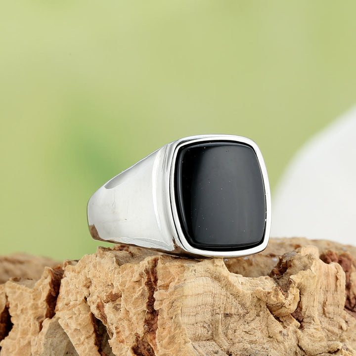 HilalHaven Square Stone Signet Ring, Tiger Eye &amp; Onyx Stainless Steel Unisex Ring - Silver Onyx - US 12 - image 8