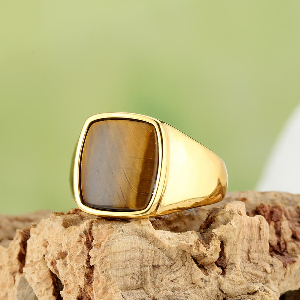 HilalHaven Square Stone Signet Ring, Tiger Eye &amp; Onyx Stainless Steel Unisex Ring - Gold Tiger&
