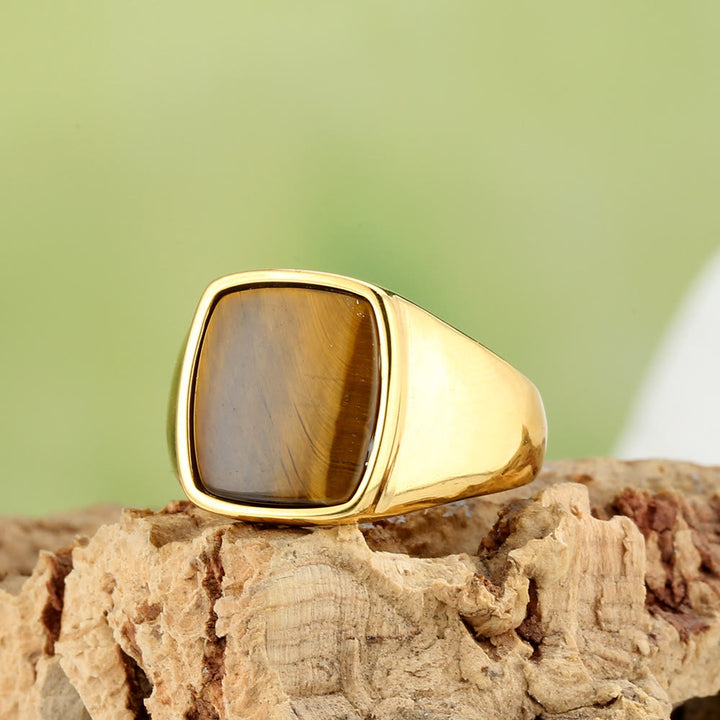 HilalHaven Square Stone Signet Ring, Tiger Eye &amp; Onyx Stainless Steel Unisex Ring - Gold Tiger&