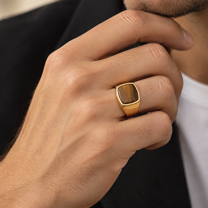 HilalHaven Square Stone Signet Ring, Tiger Eye &amp; Onyx Stainless Steel Unisex Ring - image 0