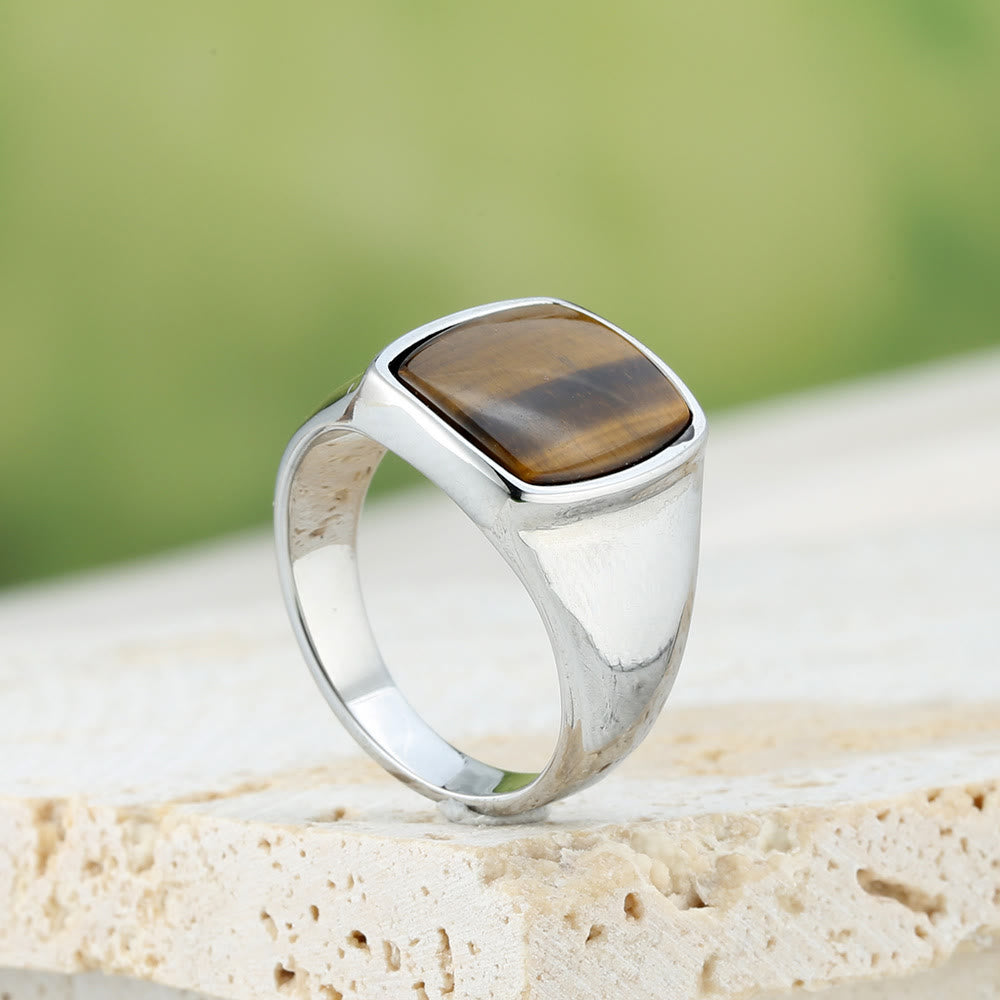 HilalHaven Square Stone Signet Ring, Tiger Eye &amp; Onyx Stainless Steel Unisex Ring - image 5