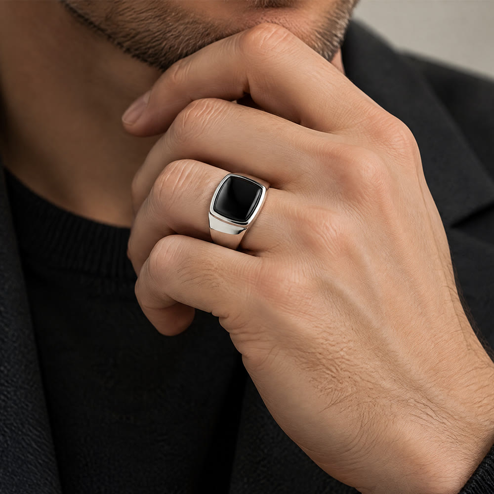 HilalHaven Square Stone Signet Ring, Tiger Eye &amp; Onyx Stainless Steel Unisex Ring - image 7