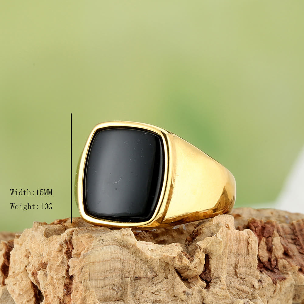 HilalHaven Square Stone Signet Ring, Tiger Eye &amp; Onyx Stainless Steel Unisex Ring - Gold Onyx - US 12 - image 3