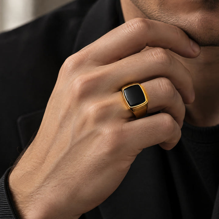 HilalHaven Square Stone Signet Ring, Tiger Eye &amp; Onyx Stainless Steel Unisex Ring - image 2