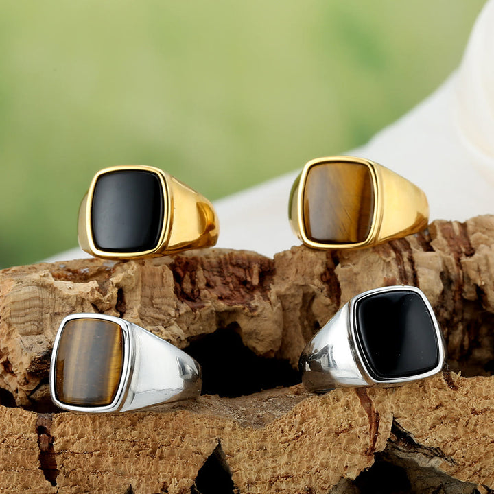 HilalHaven Square Stone Signet Ring, Tiger Eye &amp; Onyx Stainless Steel Unisex Ring - image 9