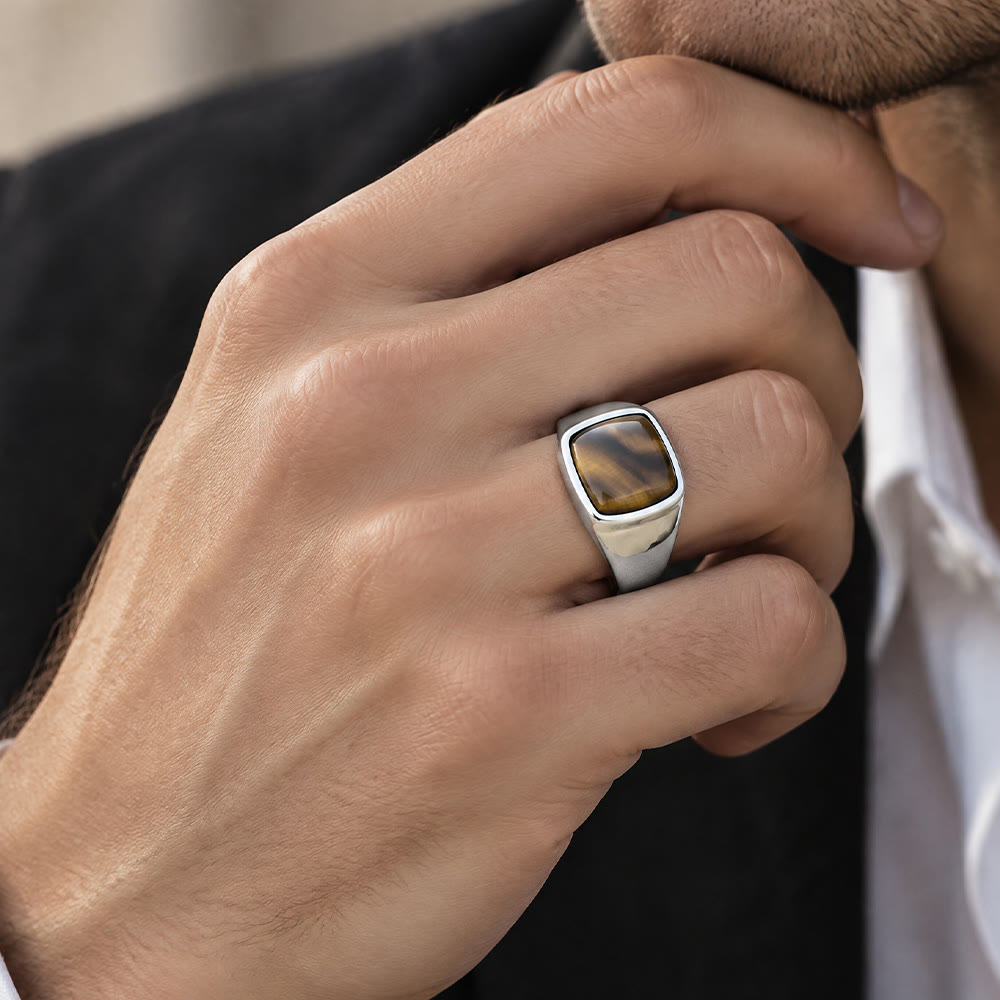 HilalHaven Square Stone Signet Ring, Tiger Eye &amp; Onyx Stainless Steel Unisex Ring - image 4