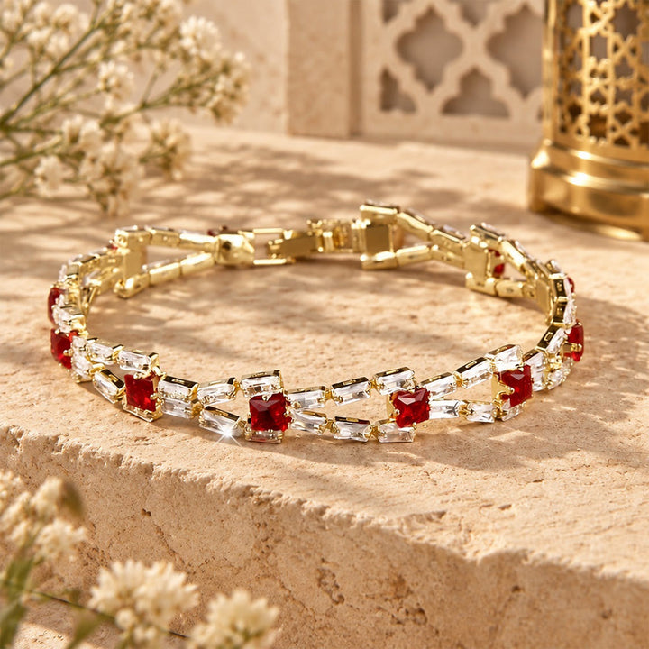 HilalHaven Tinted Crystal Tennis Baguette Copper Bracelet  - Red - image 4