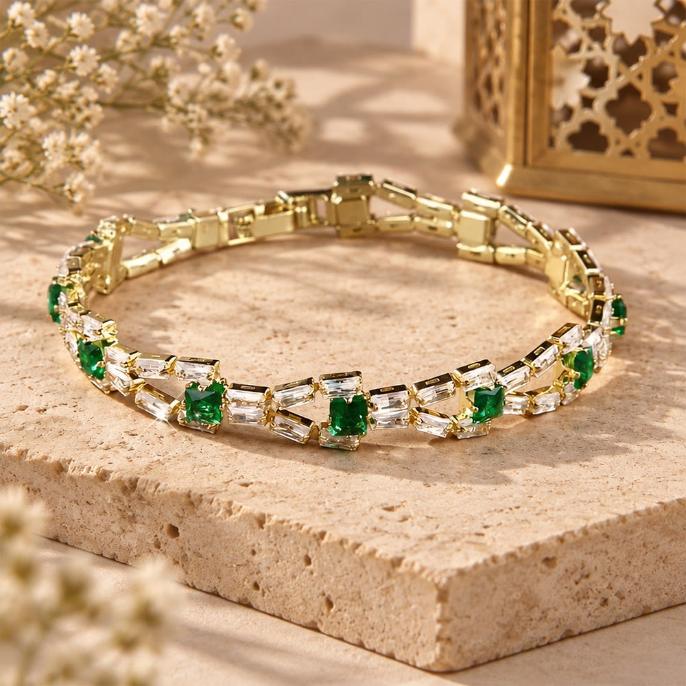 HilalHaven Tinted Crystal Tennis Baguette Copper Bracelet  - Green - image 2