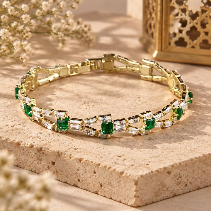 HilalHaven Tinted Crystal Tennis Baguette Copper Bracelet  - Green - image 2