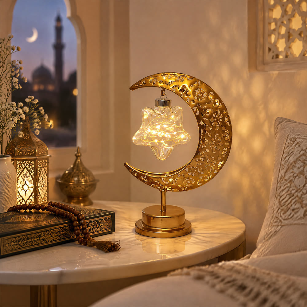 HilalHaven Crescent Moon &amp; Star Glow Islamic Iron LED Night Light - Hollow Moon with Round Bulb - image 3