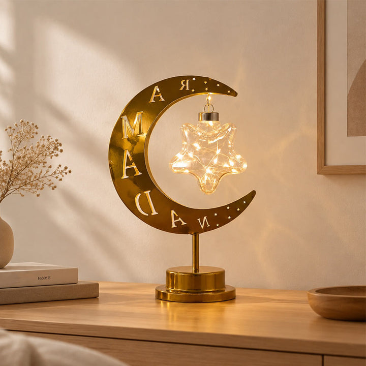 HilalHaven Crescent Moon &amp; Star Glow Islamic Iron LED Night Light - Engraved Moon with Star Bulb - image 1