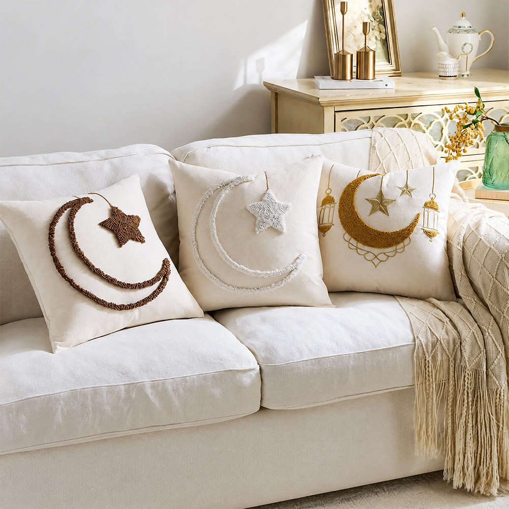 HilalHaven Crescent Moon&Star Islamic Decor Lantern Tufted Embroidery Pillow - image 0